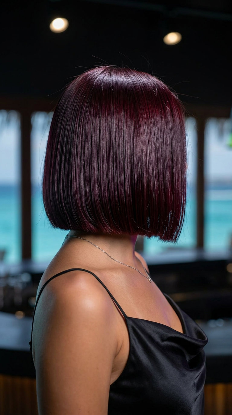 jawline-length bob high shine with cherry cola red, flat iron sleek, no fringe — music festival
