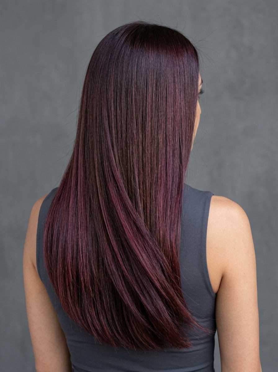 long blunt haircut in cherry cola brunette with violet undertones for summer