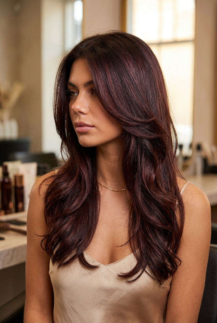 long cherry cola brunette with dimensional layers for summer weddings