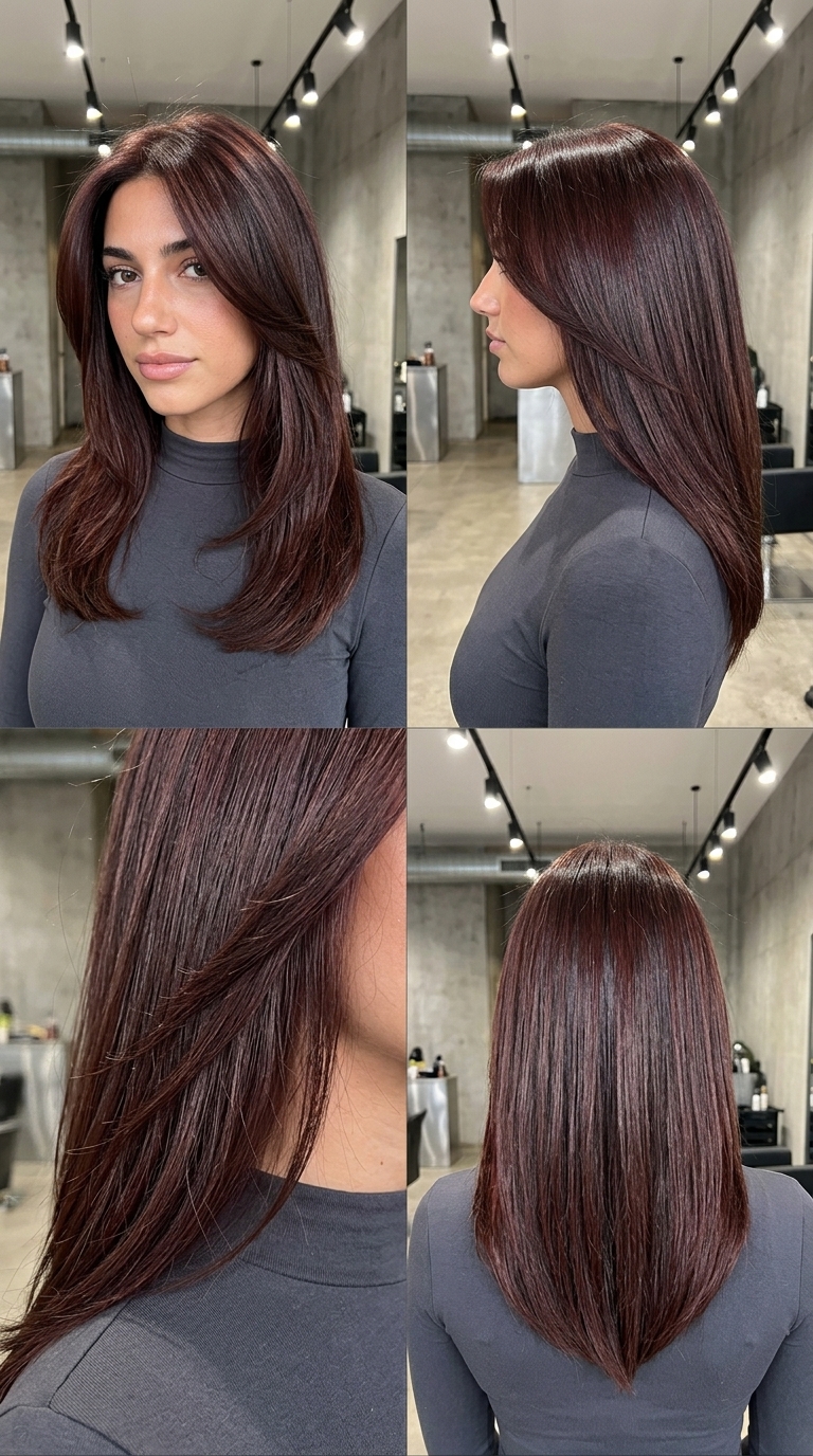 long haircut with V-shape back in cherry cola, bold glamorous look for formal events