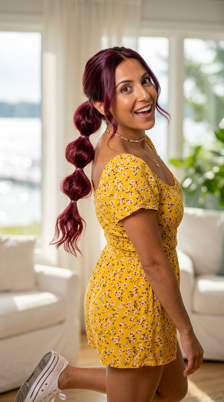 long cherry cola red bubble ponytail with violet undertones and playful bubbles for summer