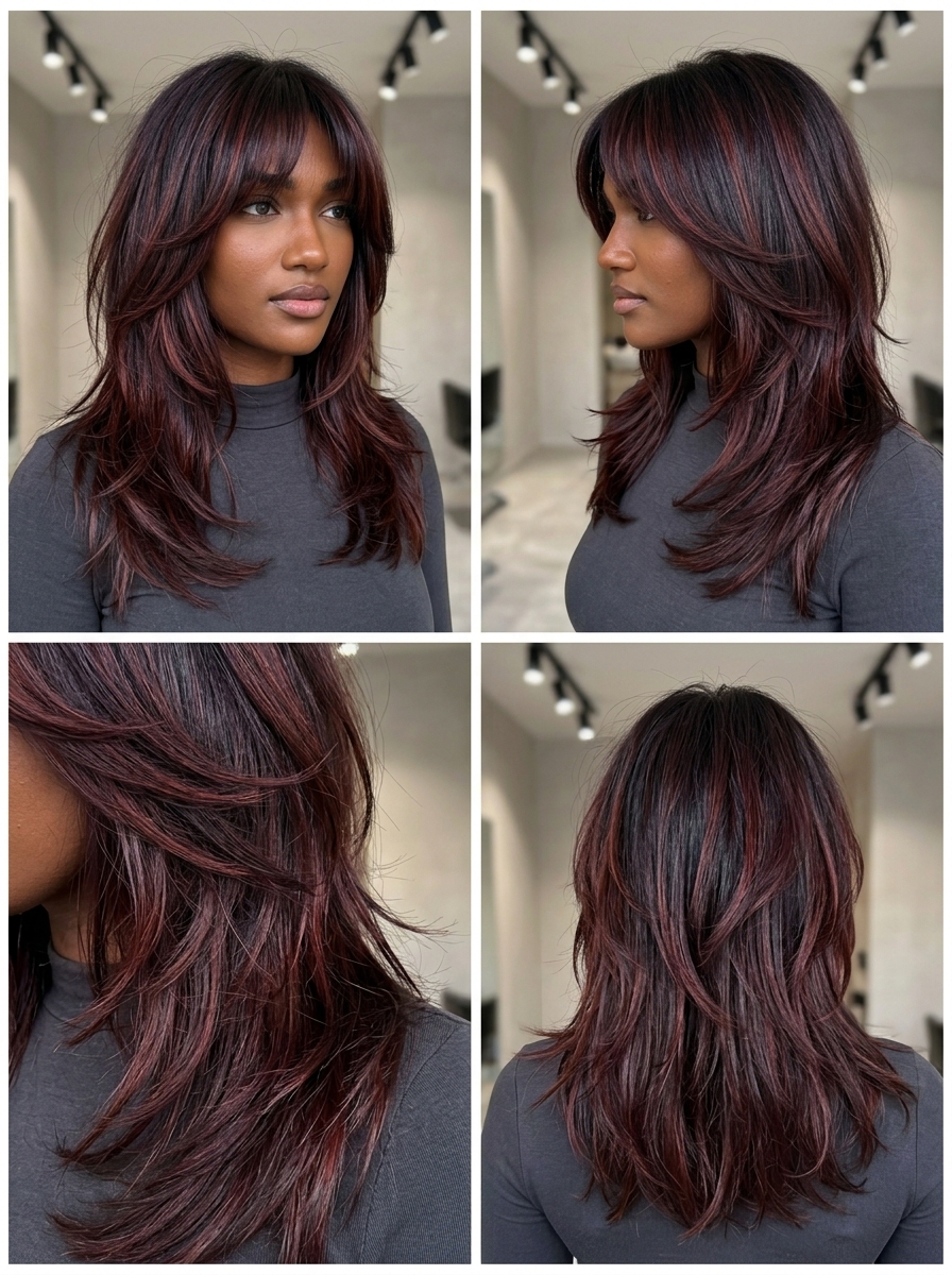 long choppy shag haircut with cherry cola highlights and wispy fringe for festivals