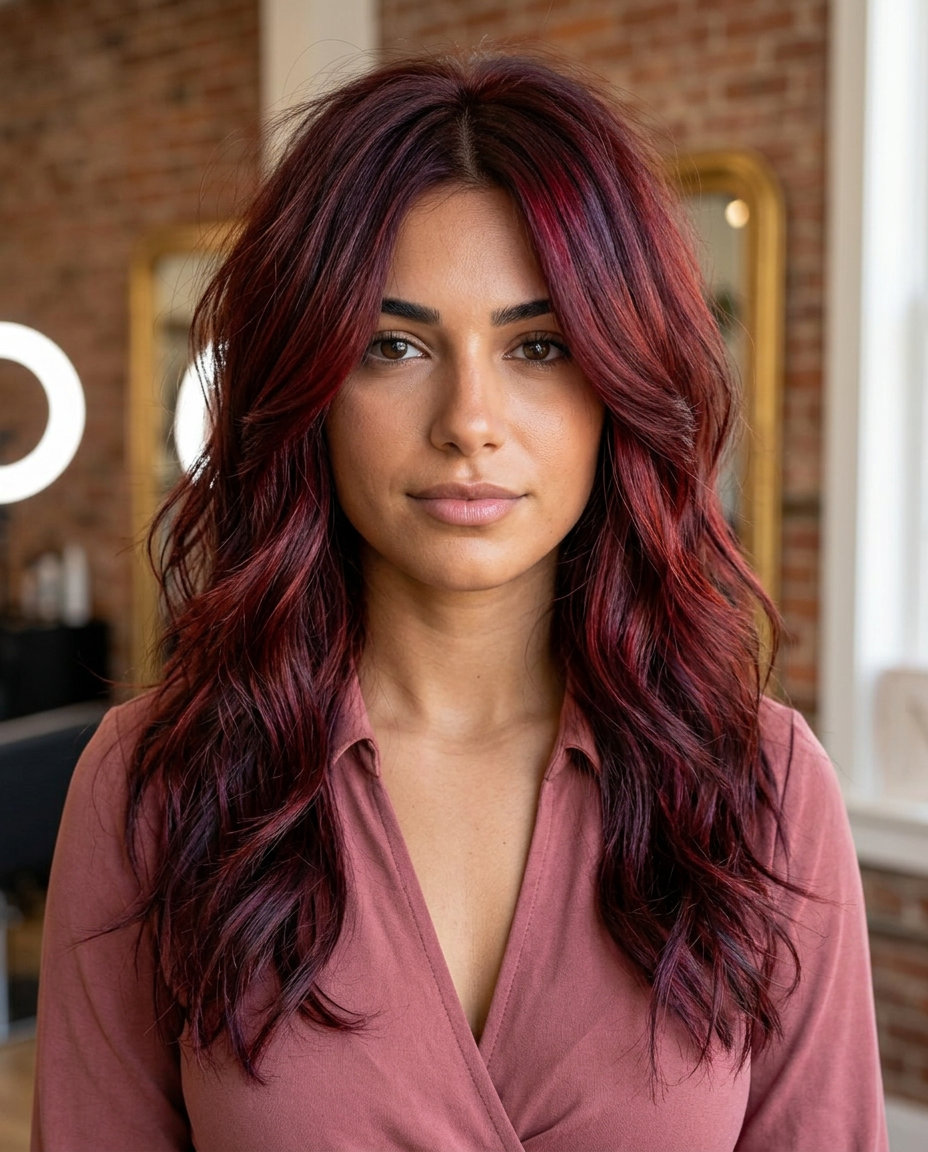 Butterfly Shag Hybrid: Edgy Summer Haircut 2026 long shag haircut in cherry cola red with violet undertones, choppy layers and face-framing pieces — bold summer style