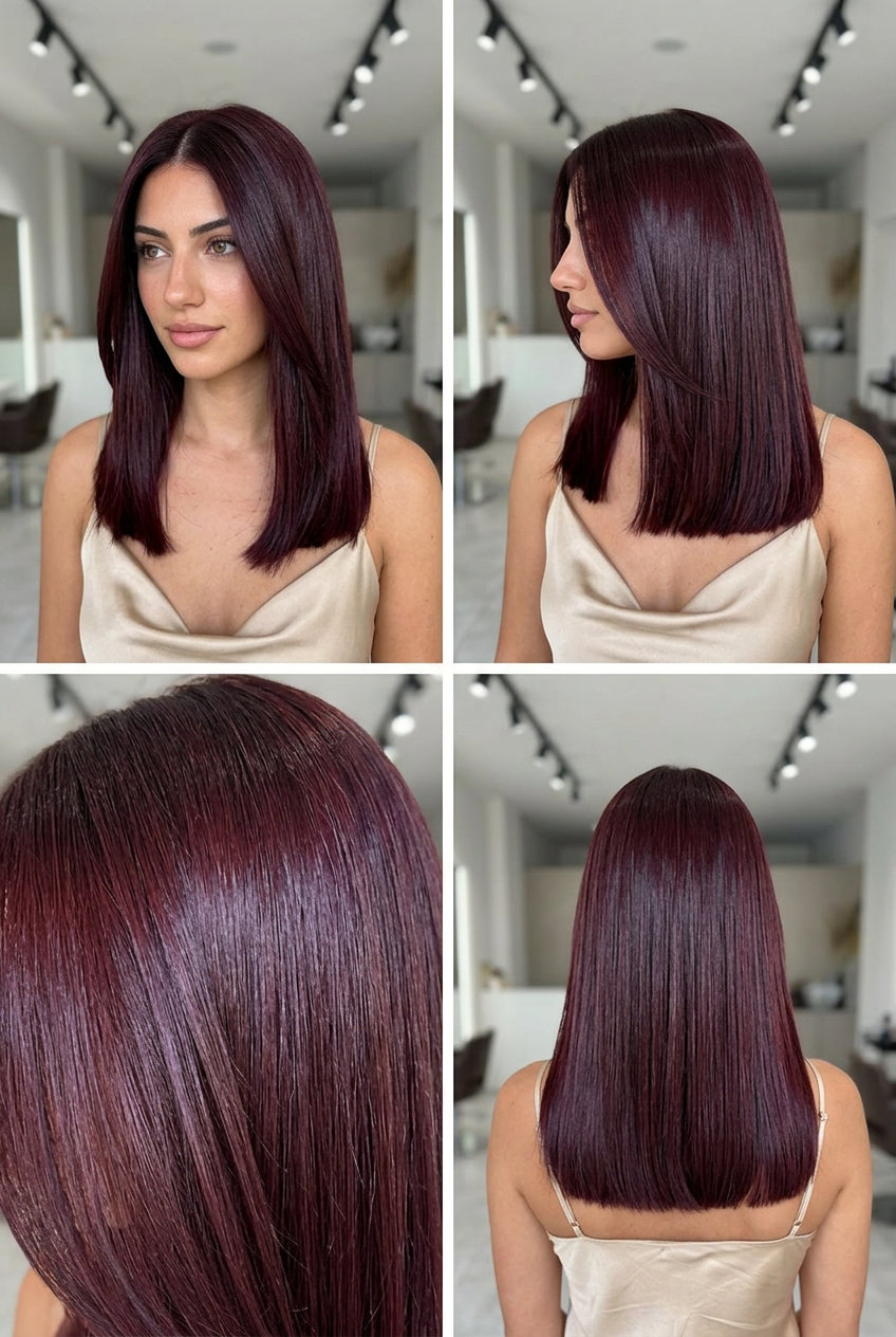 collarbone-length cherry cola red blunt cut with violet undertones and glass-like finish for fashion event
