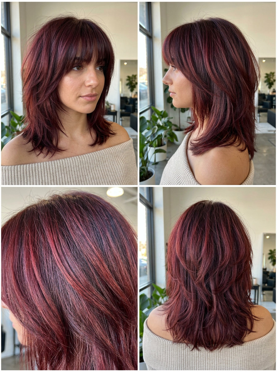 Festival Fringe Shag in Cherry Cola Red 2026 medium shag haircut in cherry cola red with full fringe for summer