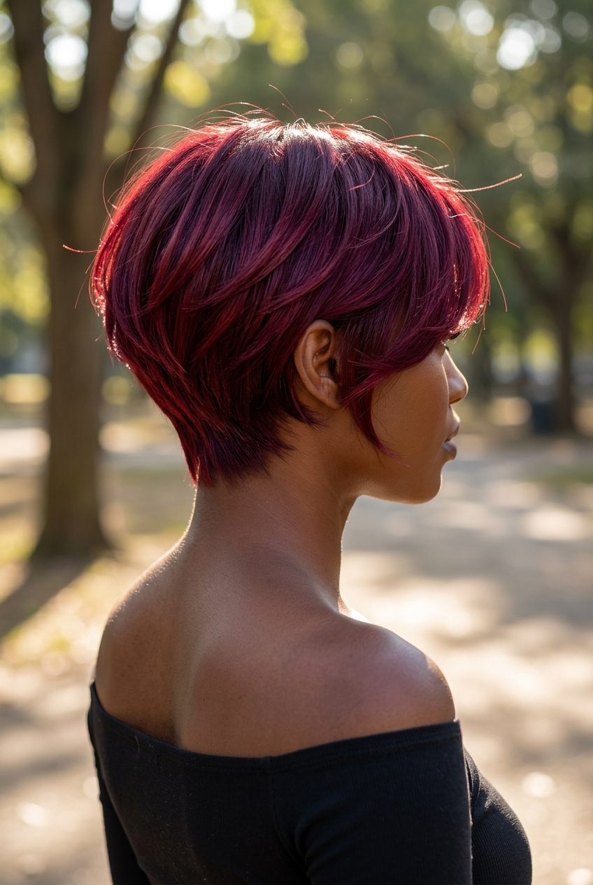 short bixie haircut in cherry cola red with violet undertones for summer