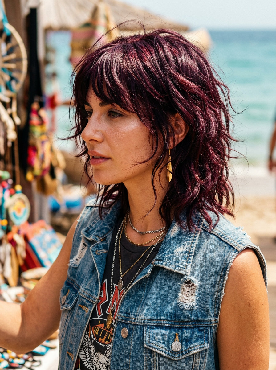 short cherry cola red bob with textured shag and wispy bangs for summer