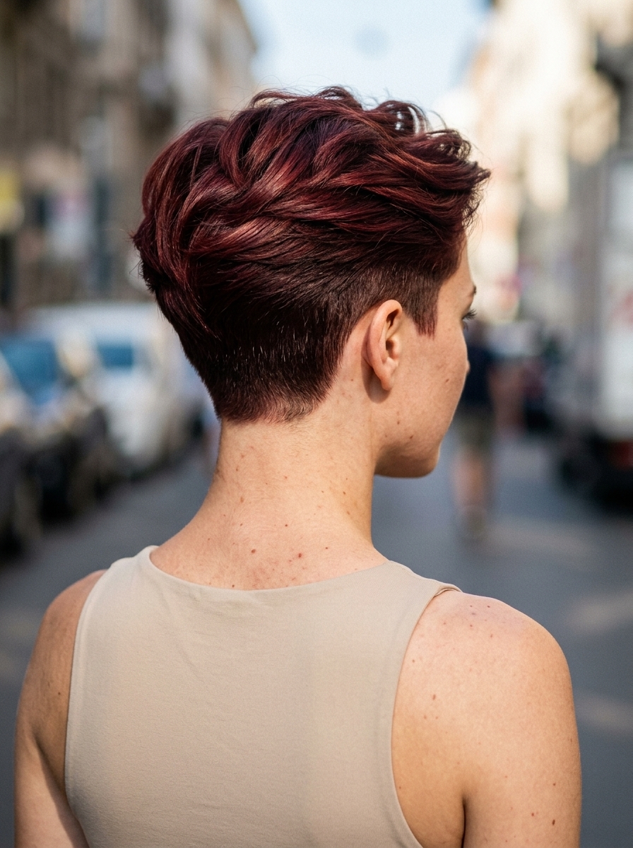 very short pixie haircut in cherry cola red-violet, undercut sides and long top for boldness
