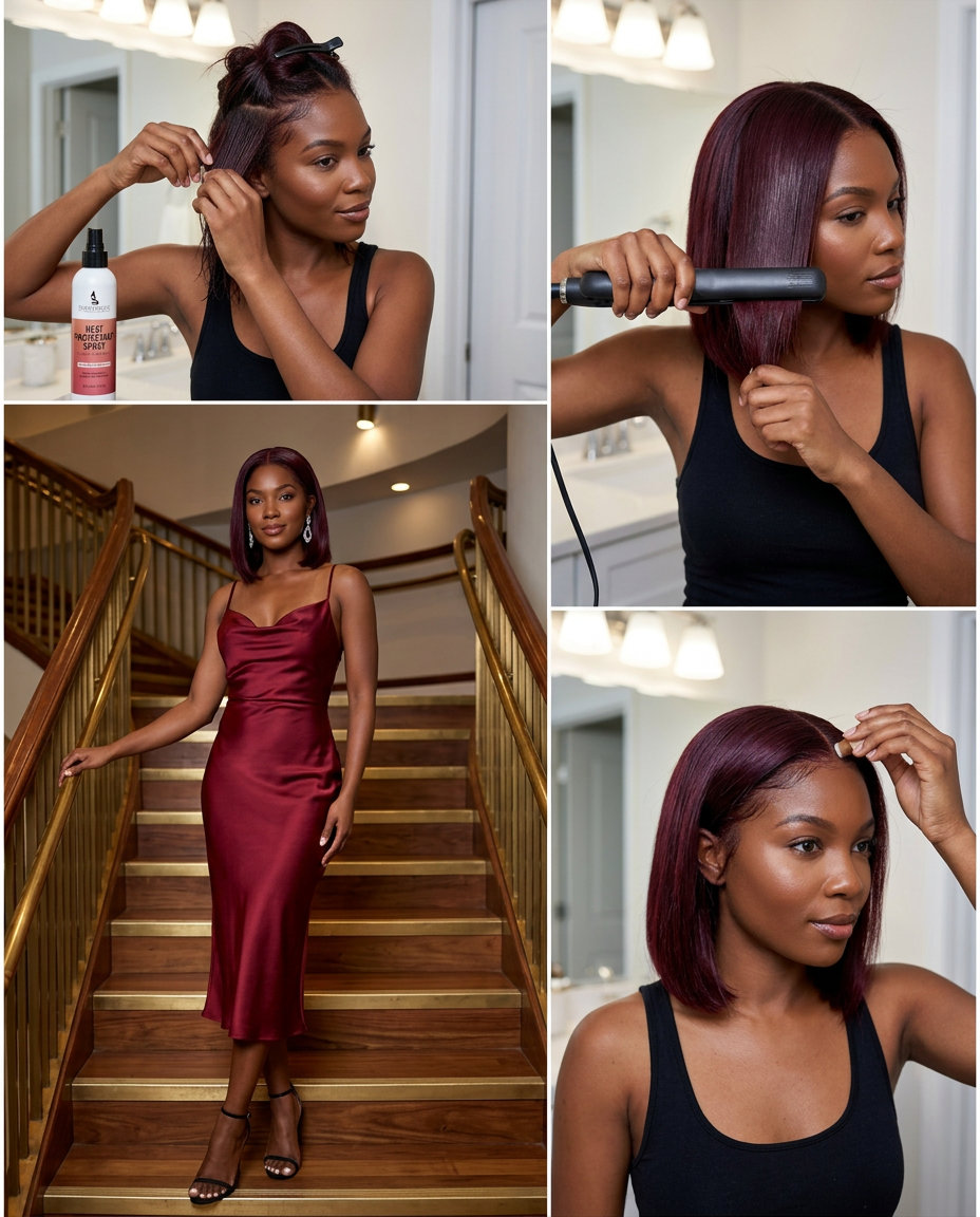 short cherry cola bob haircut with deep red color and high gloss finish for summer
