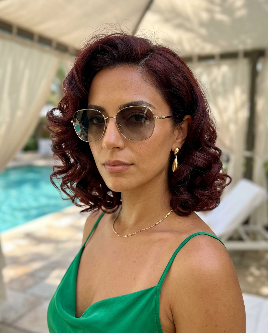 short cherry cola bob haircut with deep red color and voluminous retro waves for summer