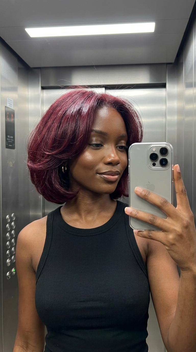 short bob haircut in deep cherry cola red with voluminous waves for summer