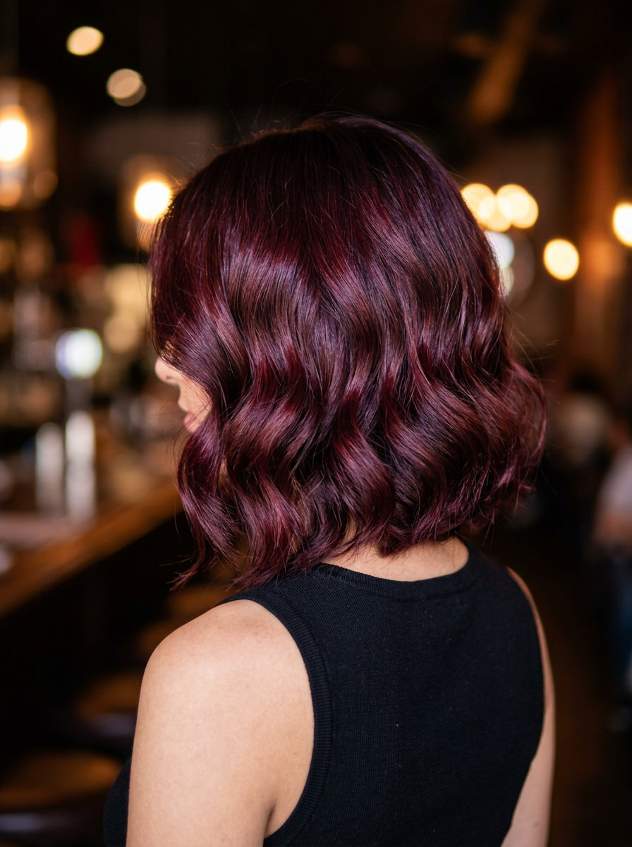 short french bob haircut in deep cherry cola red with black cherry lowlights and face-framing layers