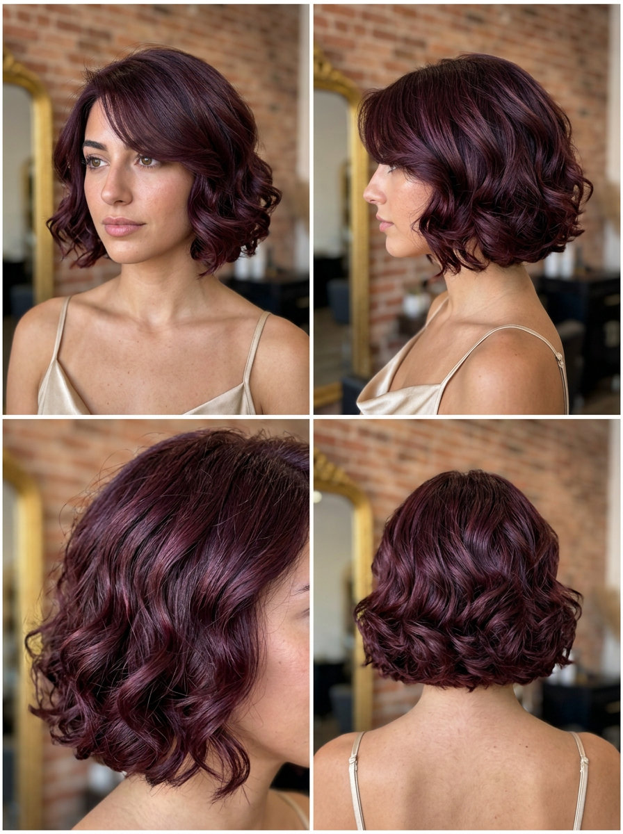 short french bob haircut in cherry cola with violet undertones and sculpted waves for glamour