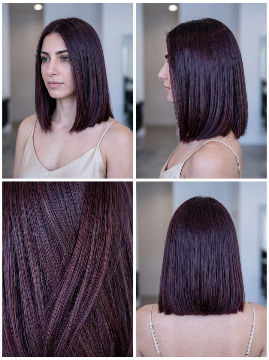 shoulder-length cherry cola lob with blunt cut for date nights
