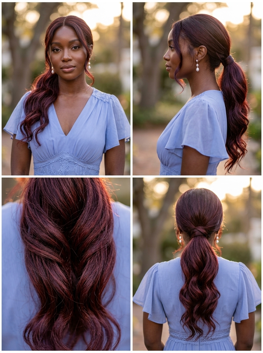 long cherry red low ponytail with soft waves and silk ribbon for summer