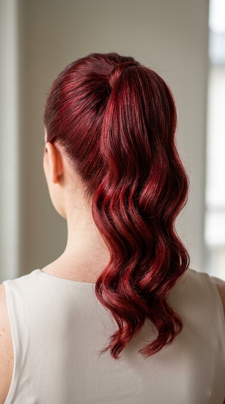 long cherry red ponytail with soft waves and high gloss for retro glamour