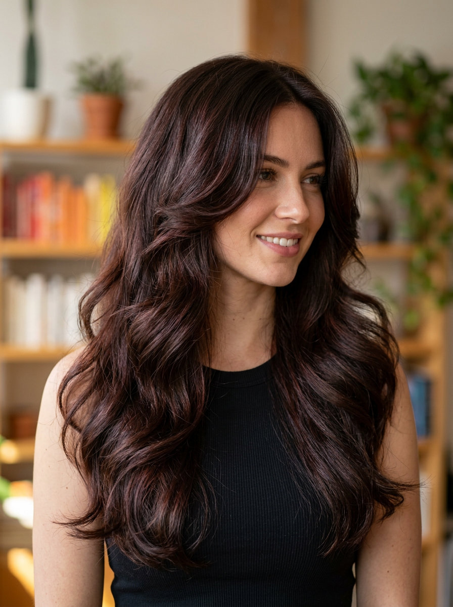 long cherrywood butterfly haircut with chocolate undertones, cheekbone layers, no bangs — romantic date night