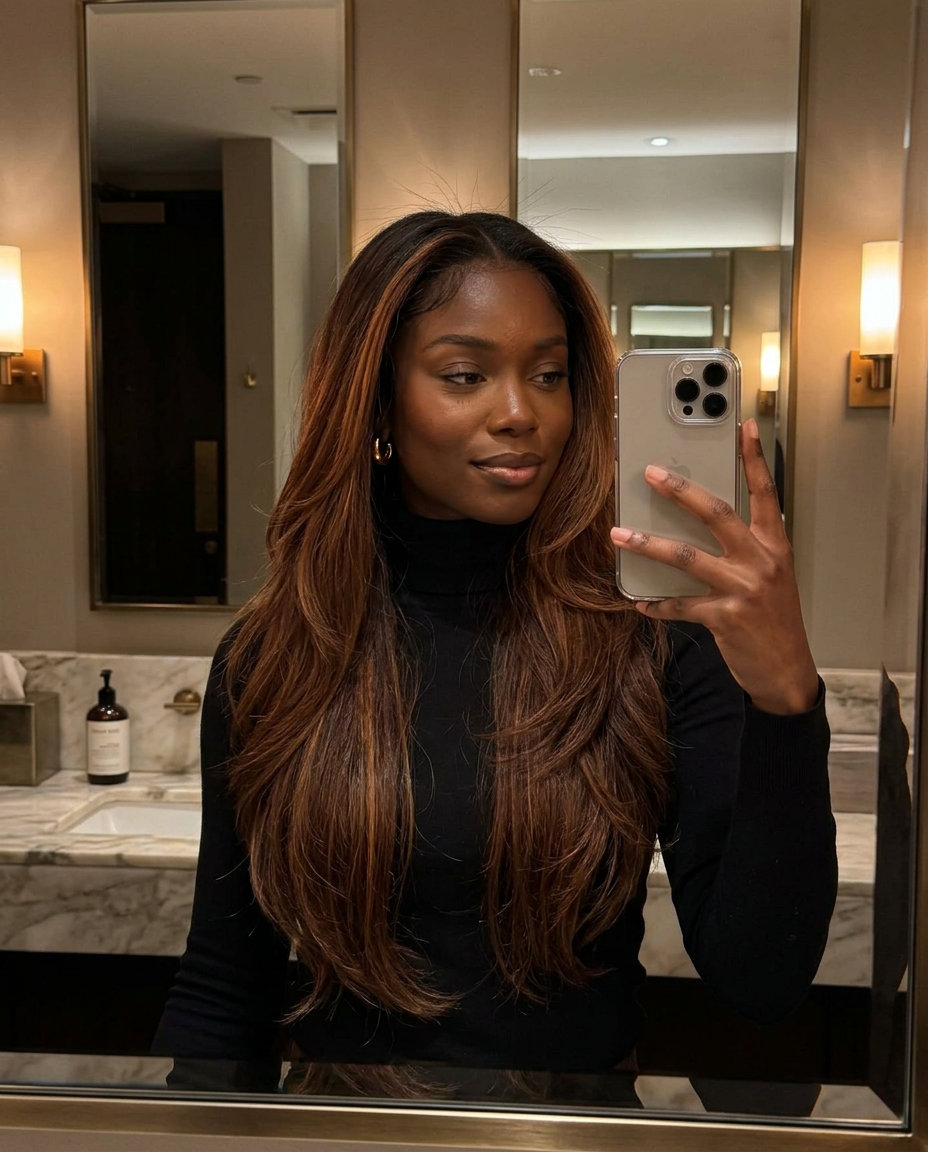 Bohemian Auburn Balayage Long Hair 2026 long auburn balayage haircut with chocolate-auburn base and spiced amber highlights, soft layers and face-framing pieces for summer