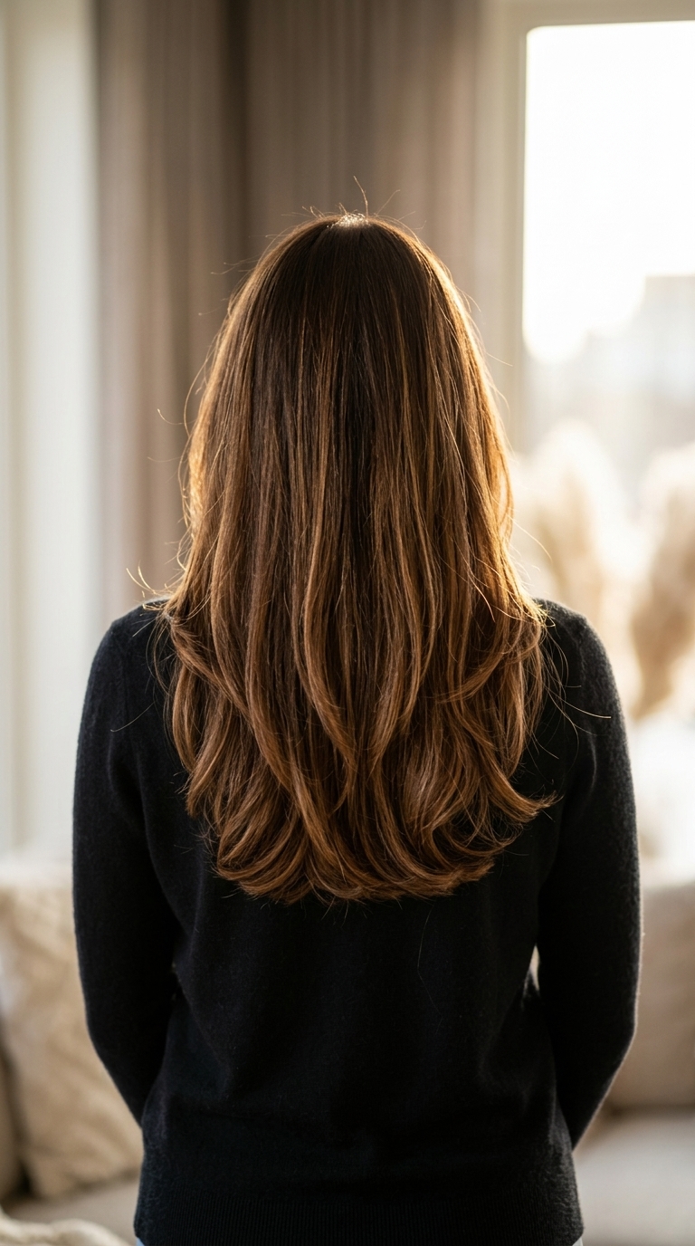 long haircut with U-shape back in warm chocolate with caramel babylights, soft waves for date night