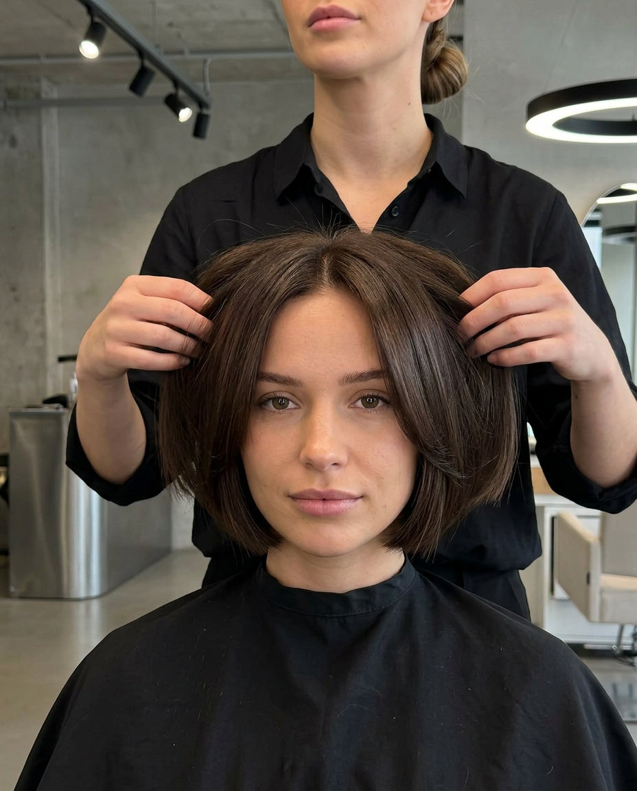 Executive Chocolate Bixie Haircut 2026 short bixie haircut in deep chocolate brown with cool undertones, blunt perimeter for polished styles