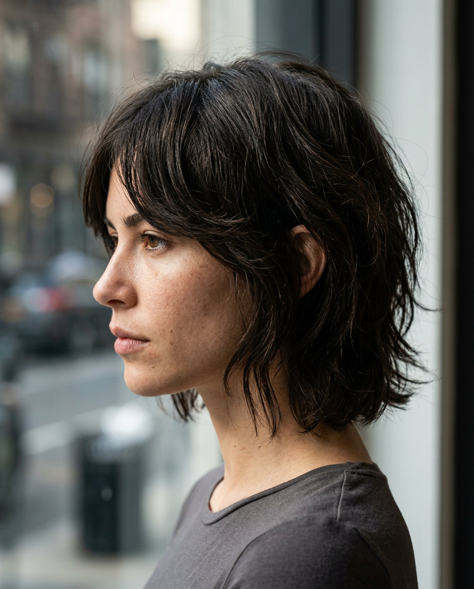 chin-length chocolate brunette wolf cut with cool undertones, textured layers, messy bob — edgy undone style