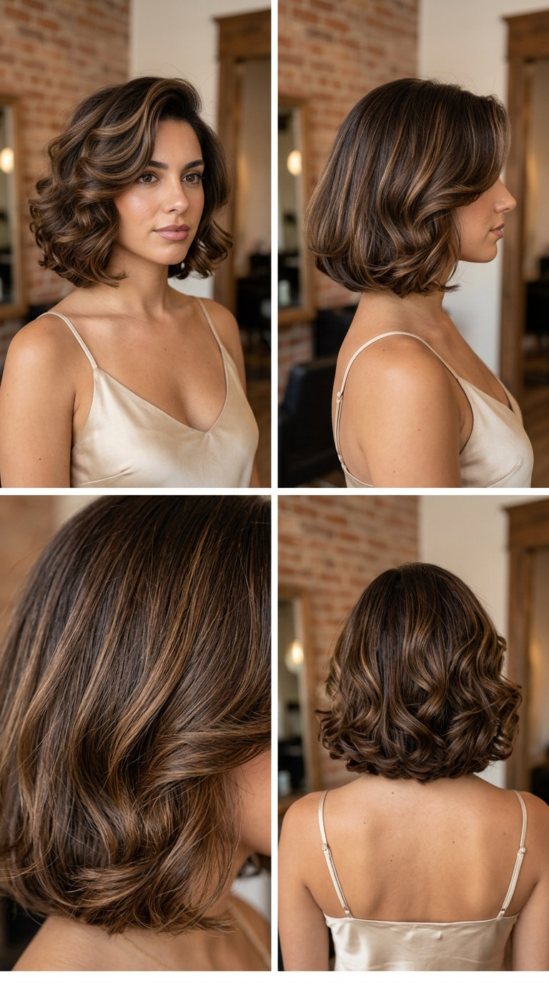 neck-length bob with deep chocolate brunette and caramel lowlights for summer