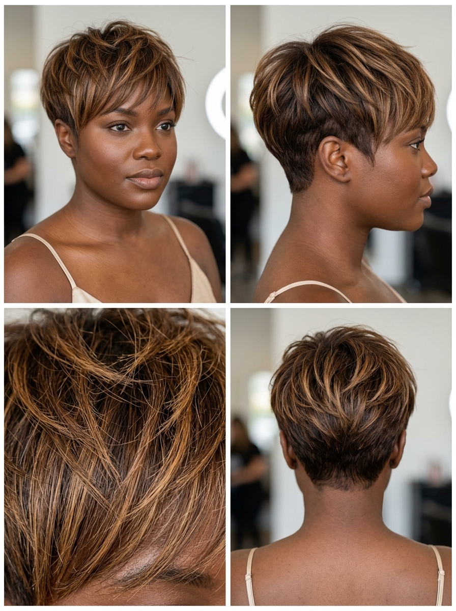 very short pixie haircut with warm chocolate balayage and caramel highlights, textured layers for summer