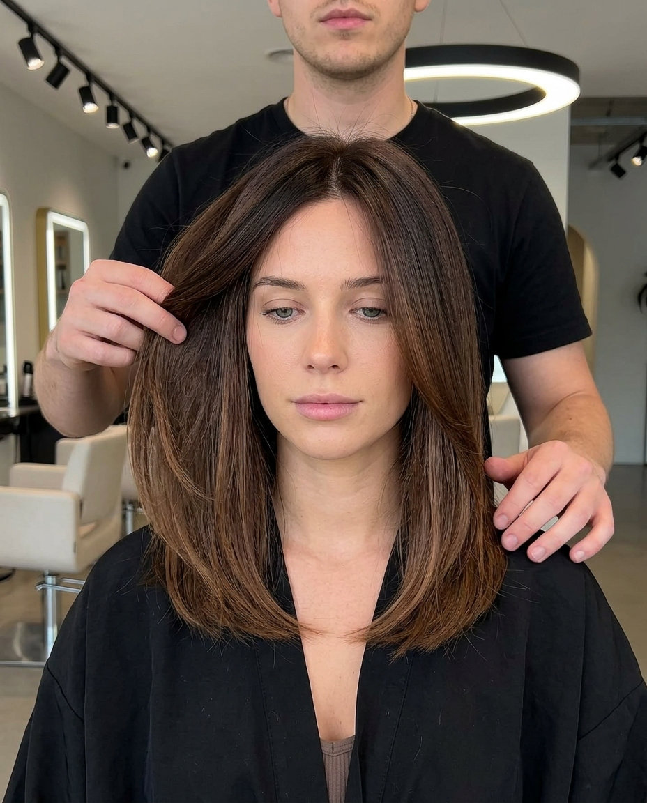 medium length ombre with deep chocolate to chestnut melt, subtle color melt technique, no fringe — luxurious professional hair