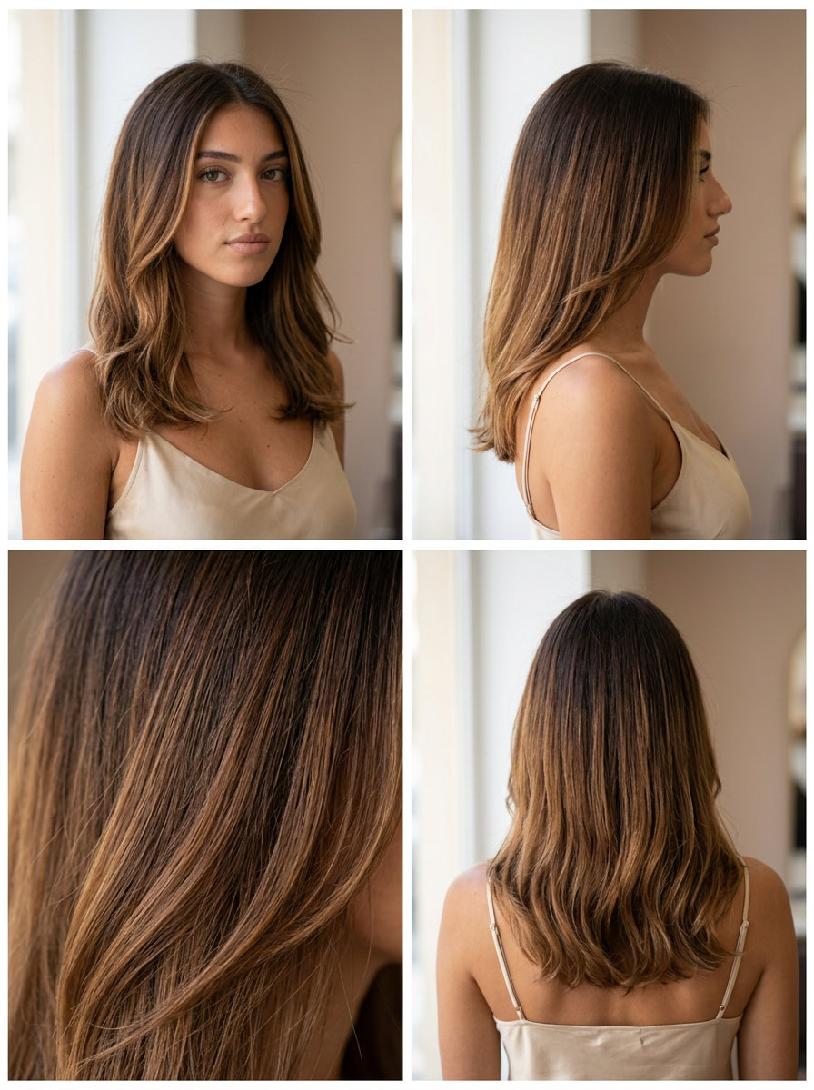 medium lob rich summer ombre hair color 2026 with chocolate to hazelnut, earthy mood