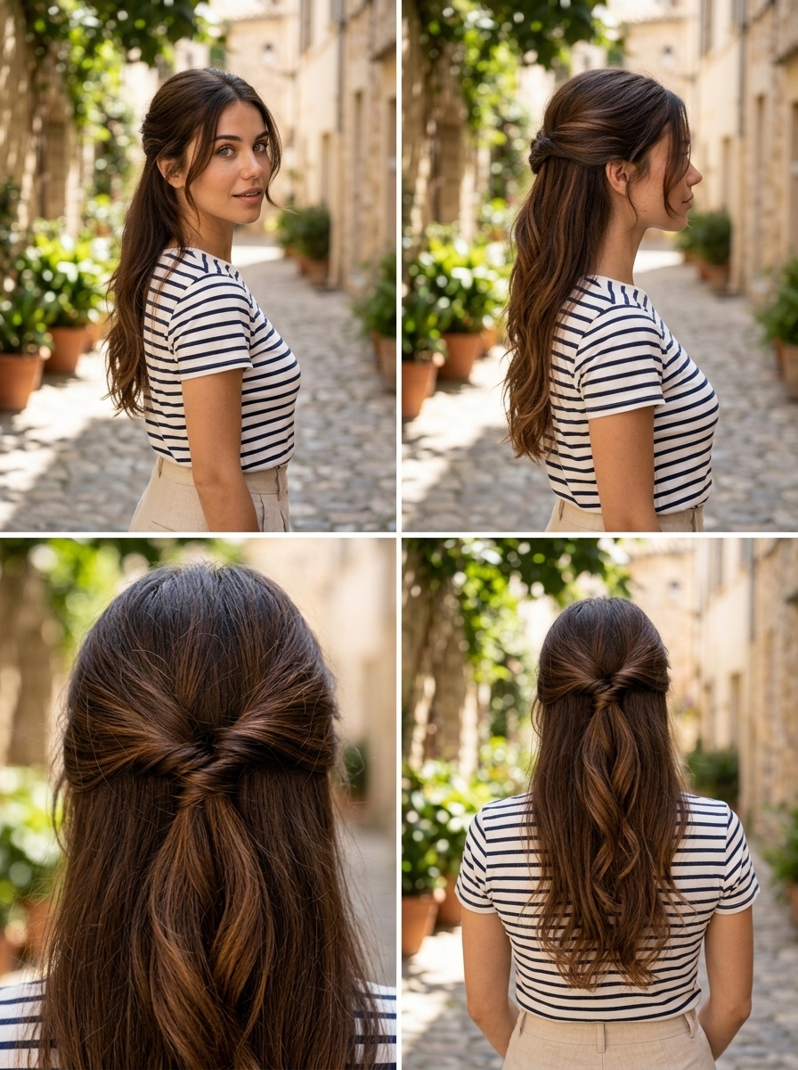 long chocolate brunette twisted half up half down with caramel ribbons, loose twist, face-framing tendrils — playful, effortless, retro chic
