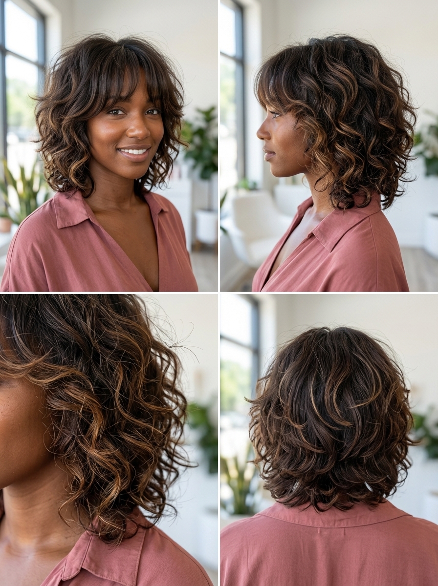 medium choppy shag haircut with rich chocolate brown and honey balayage, razor-cut layers, curly bangs — bold and natural