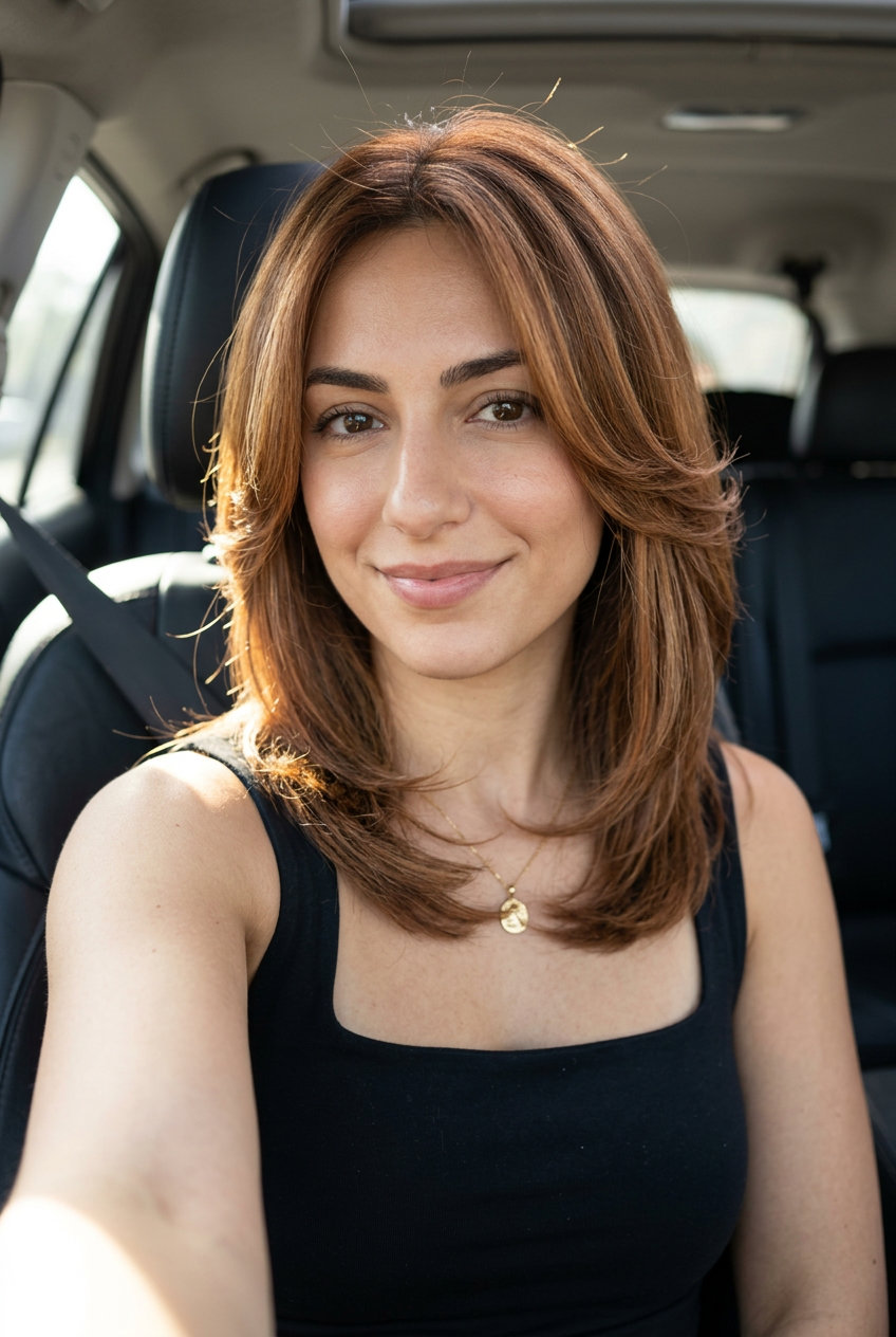 Cinnamon Toast Auburn Curve Cut 2026 collarbone-length cinnamon toast auburn curve cut with sweeping layers, no fringe — chic professional