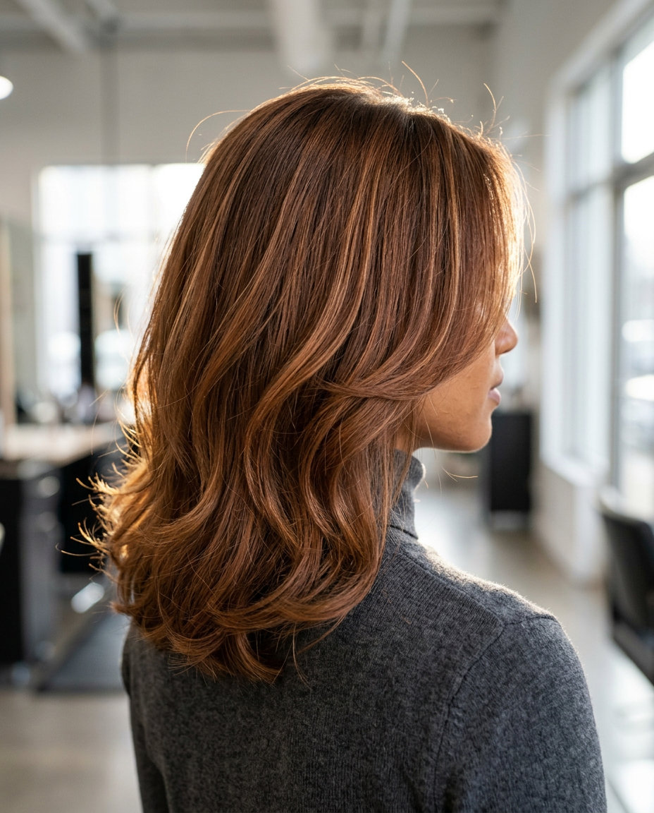 Cinnamon Toast Auburn Cut 2026 medium-length cinnamon toast auburn cut with soft layers and face-framing pieces — warm effortless