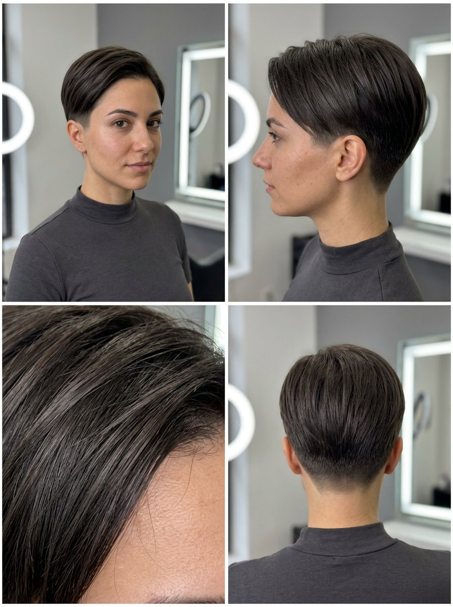 very short cool ash brown pixie crop with clipper fade and short fringe