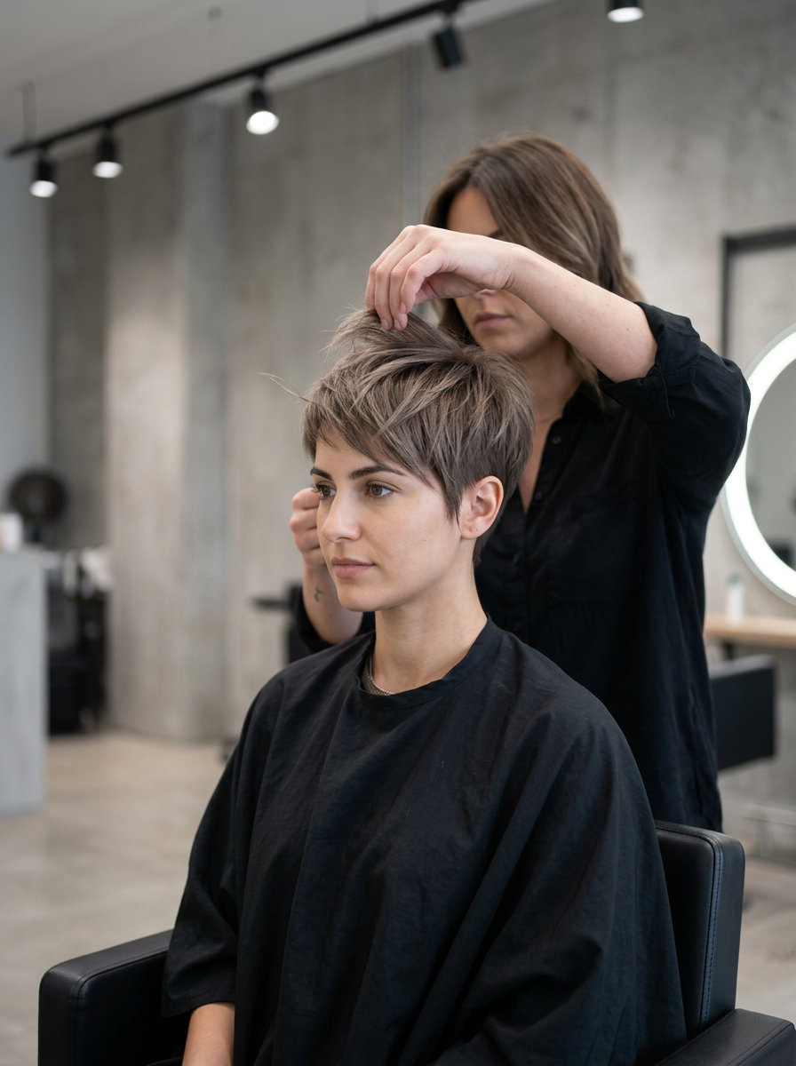 short cool beige pixie with textured layers and irregular fringe