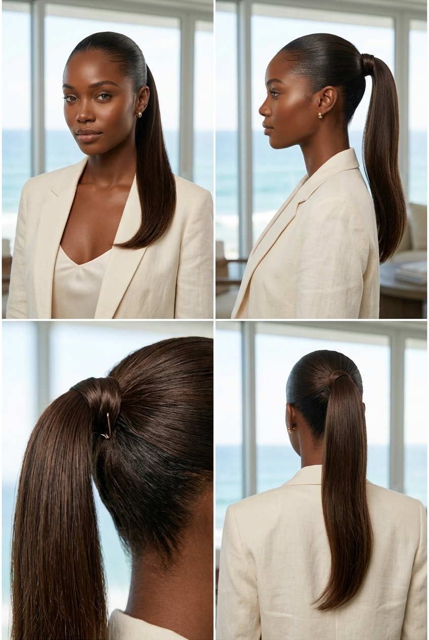 long cool blonde sleek high ponytail with minimalist metallic cuff, polished finish — sophisticated daily wear