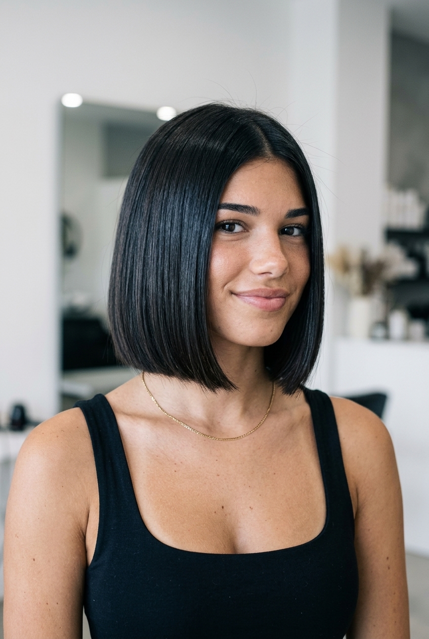 Glossy Midnight Espresso Bob 2026 short italian bob haircut with cool brunette & blue-black undertones, blunt cut, sophisticated mood