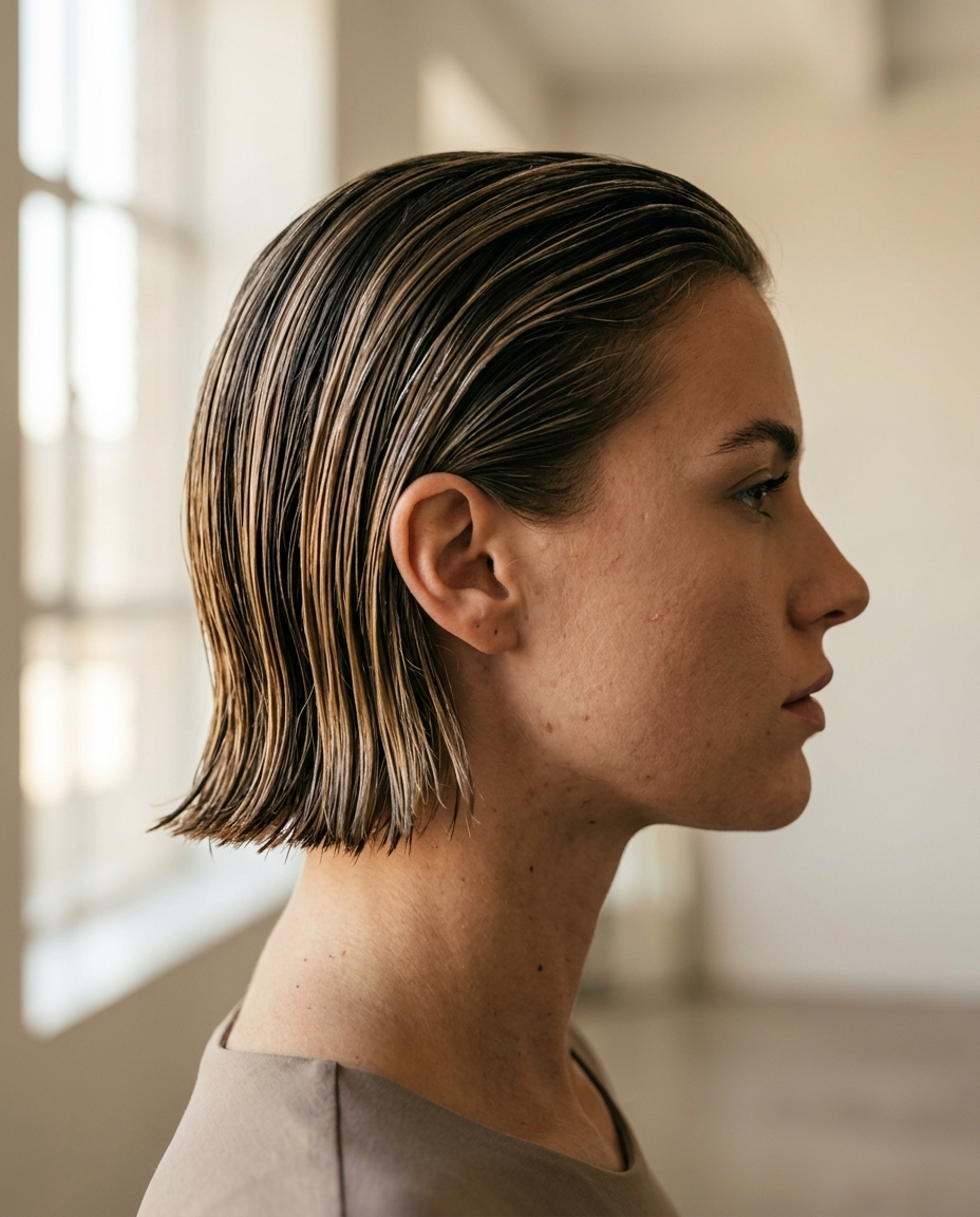 Sleek Hydro Italian Bob 2026 short italian bob haircut with cool brunette & high-gloss, blunt cut, modern minimalist mood