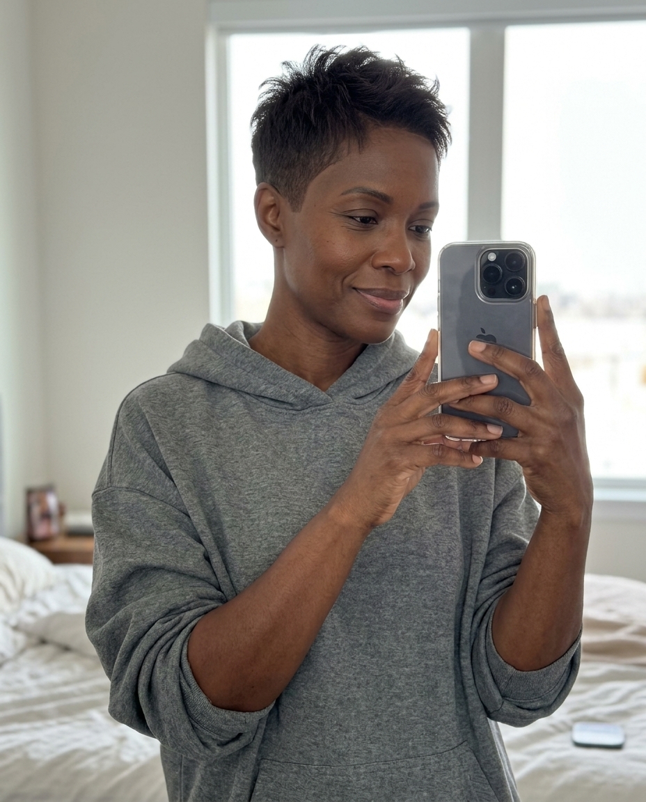 ultra-short crop haircut in cool brunette or salt-and-pepper, clipper faded sides, textured top — bold minimalist style