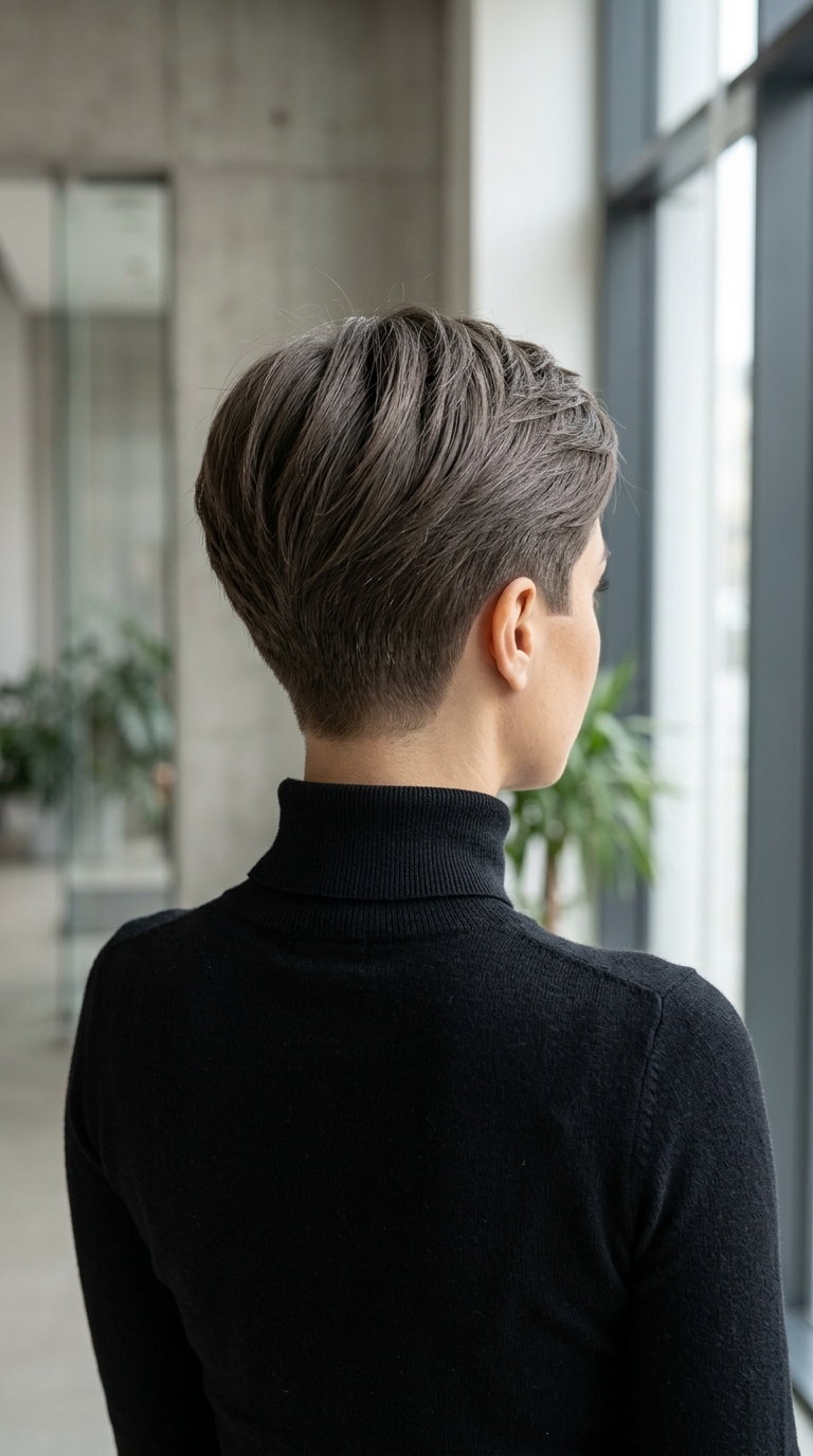 very short pixie haircut in cool brunette, side-swept fringe and tapered sides for professionalism