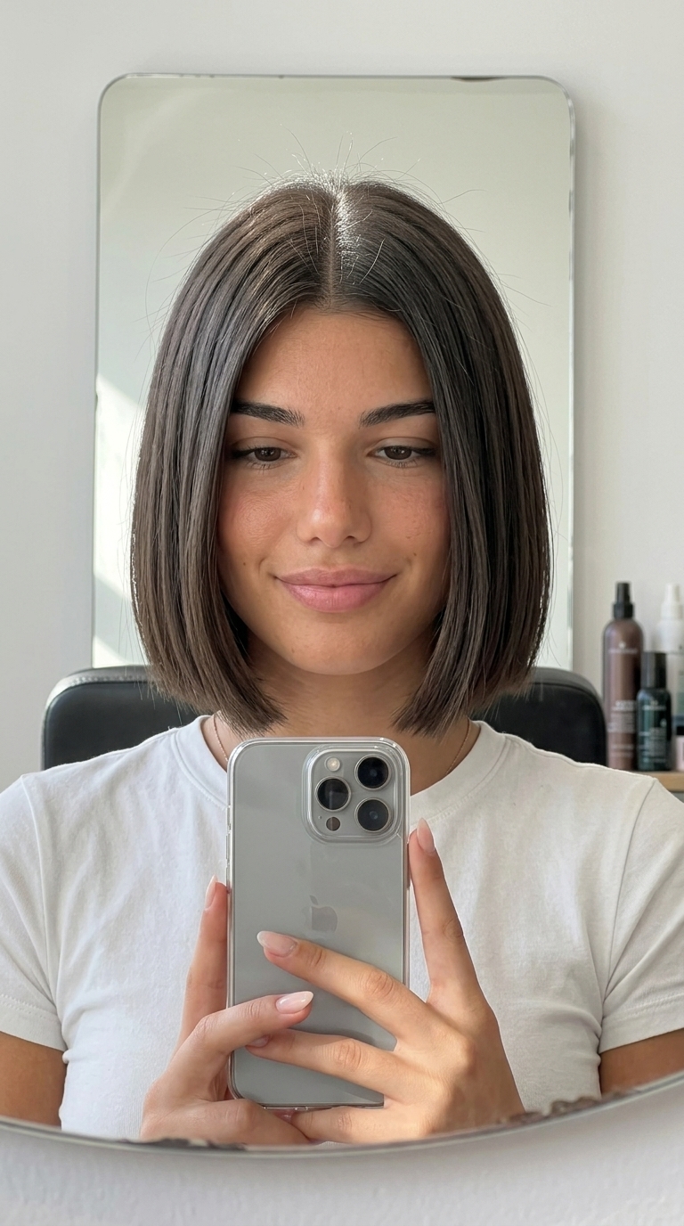 short french bob haircut in cool dark brown with a blunt jawline perimeter for sharp style