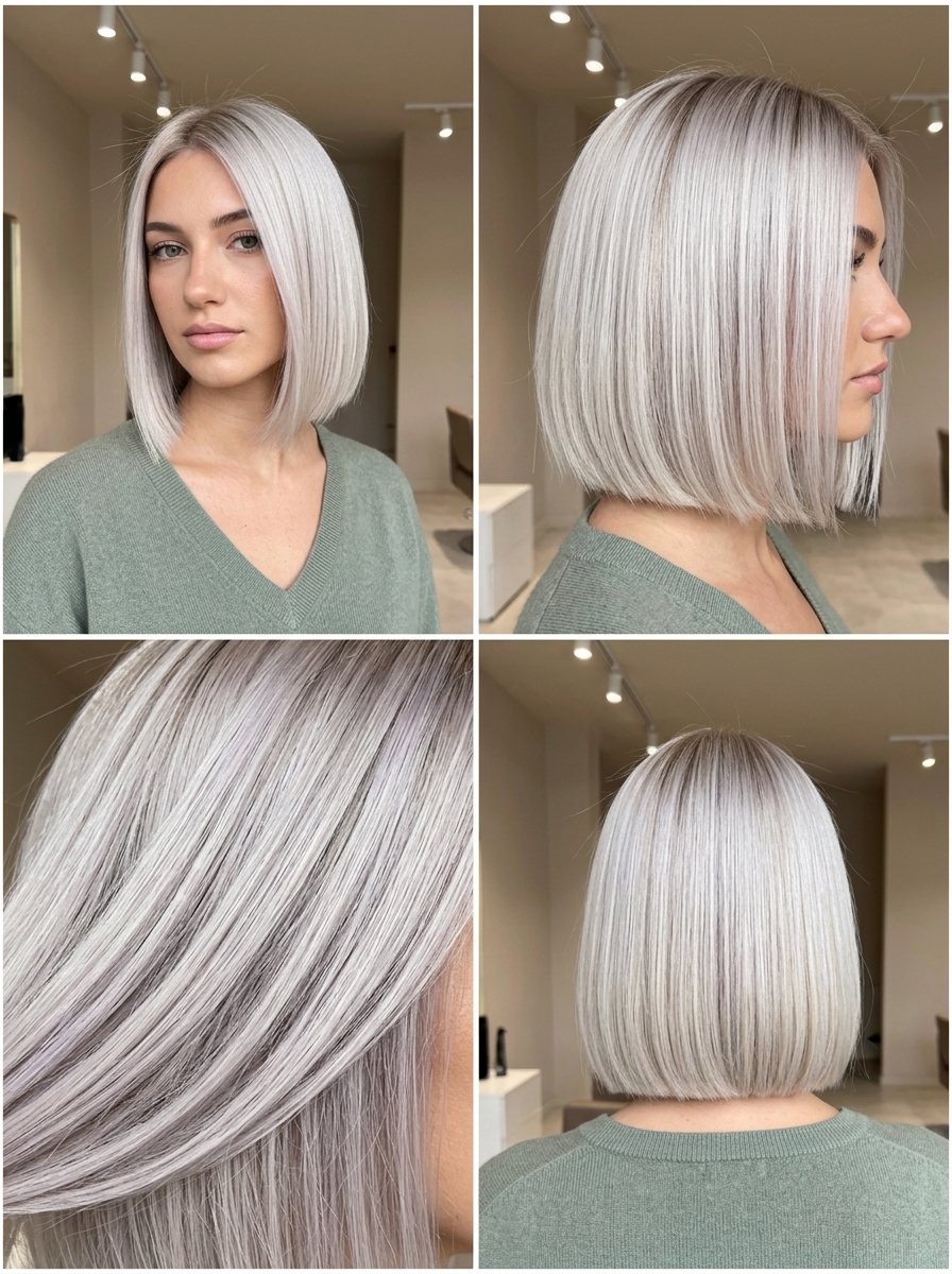 short cool platinum french bob with blunt cut, no fringe — chic bold look