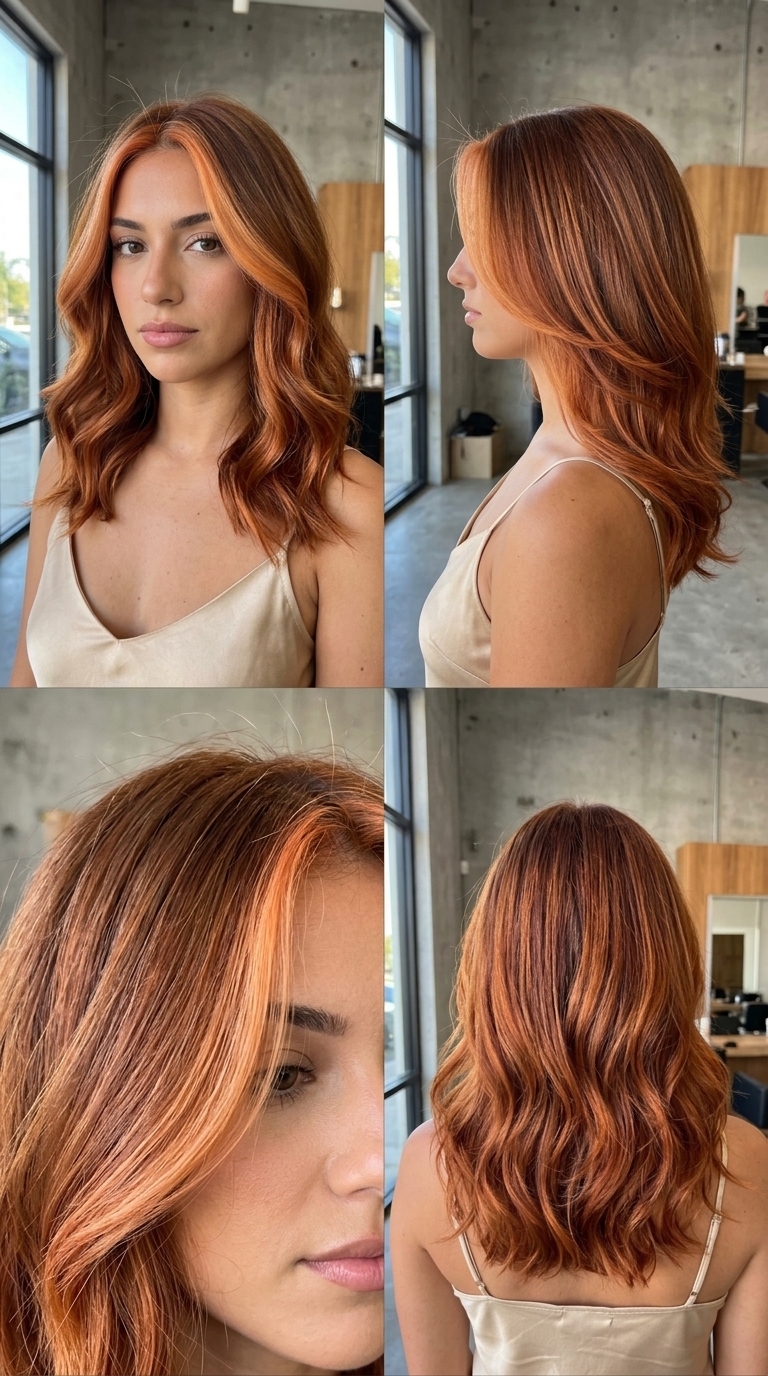 long layered haircut with copper-auburn balayage, apricot money piece for dimensional style