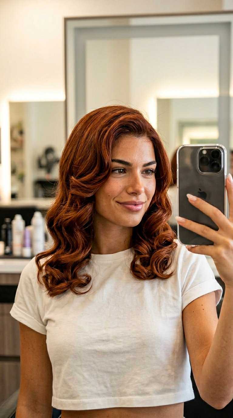 medium auburn waves with classic copper-auburn color, sculpted waves, no fringe — glamorous retro style