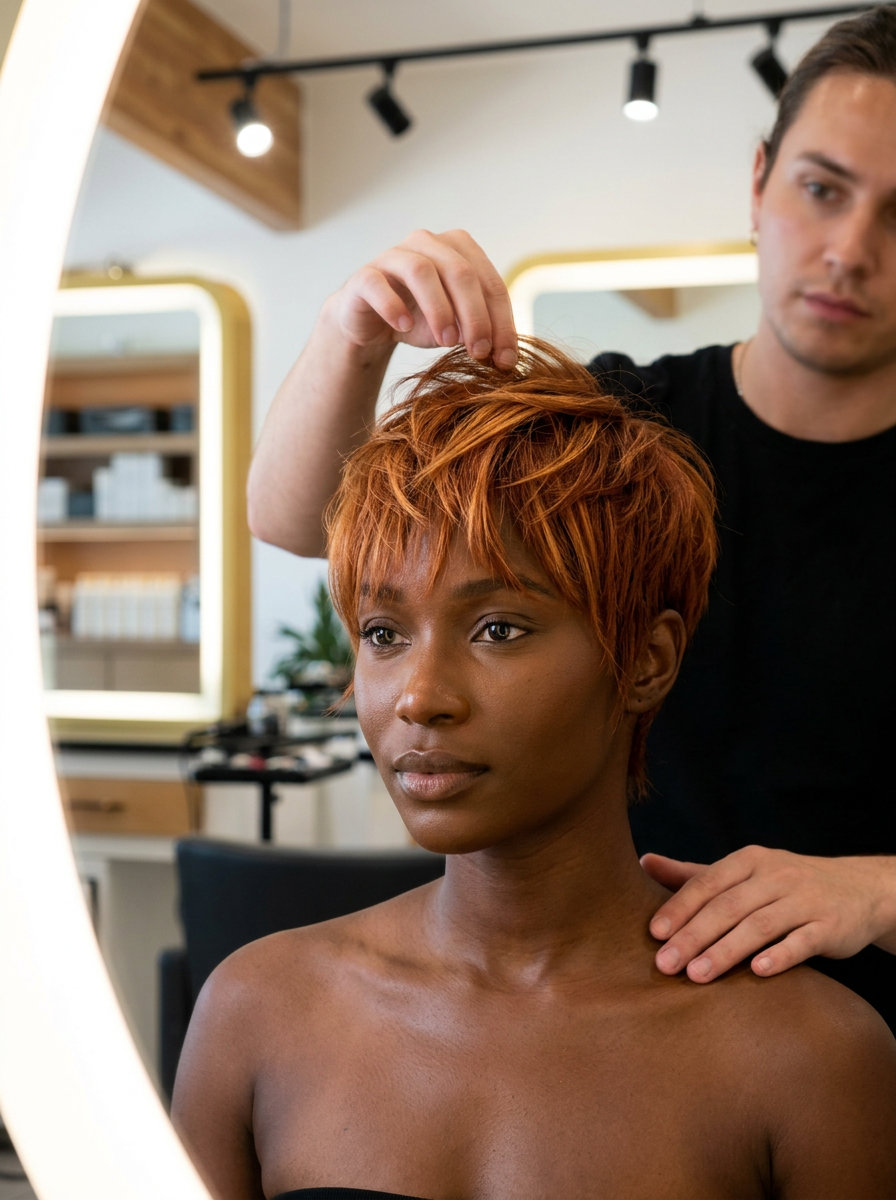 Playful Copper Auburn Pixie Haircut 2026 short auburn pixie haircut with vibrant copper and golden ginger micro-highlights, textured layers and wispy fringe for summer