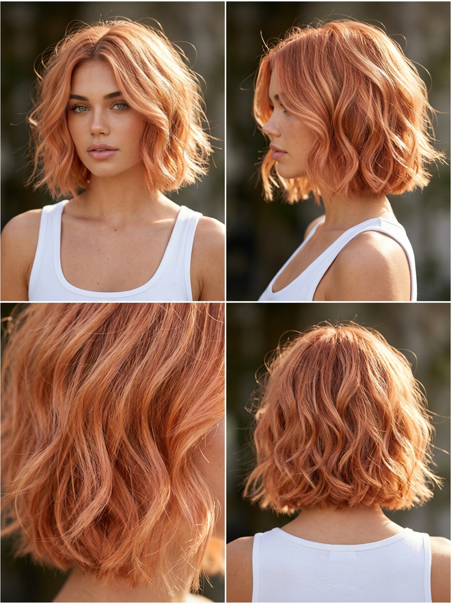 chin-length copper bob with tousled waves for summer