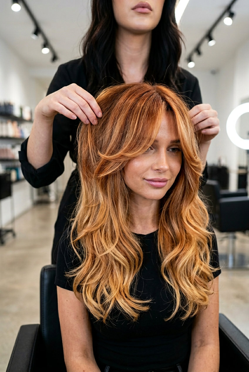 long copper gold ombre with copper penny root and golden blonde ends, luminous blend — vibrant summer party look