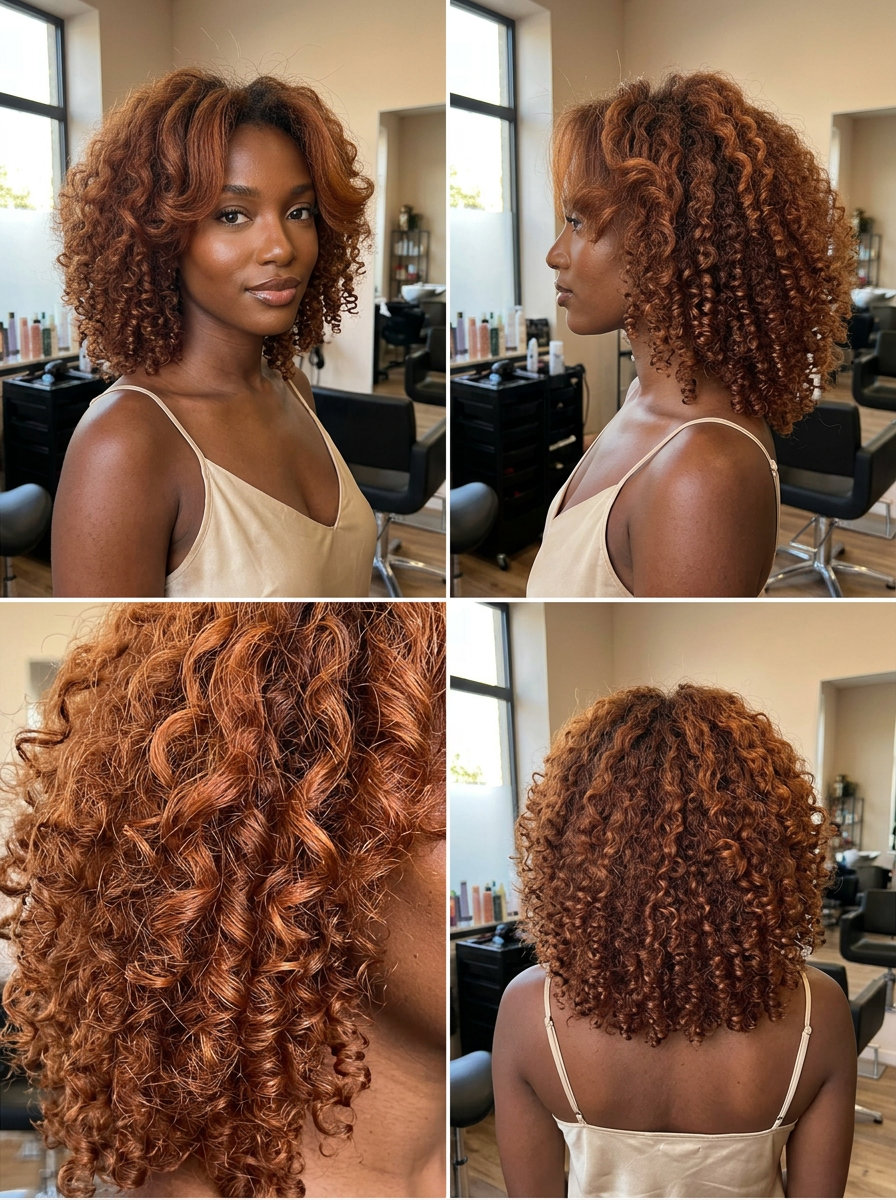medium butterfly haircut with terracotta copper melt, sculpted curls, face-framing wings — vibrant festival style