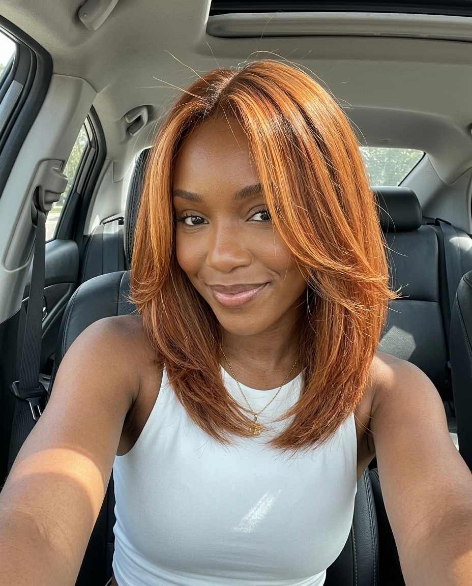 medium lob with copper balayage, warm penny undertones, and natural dark root for summer