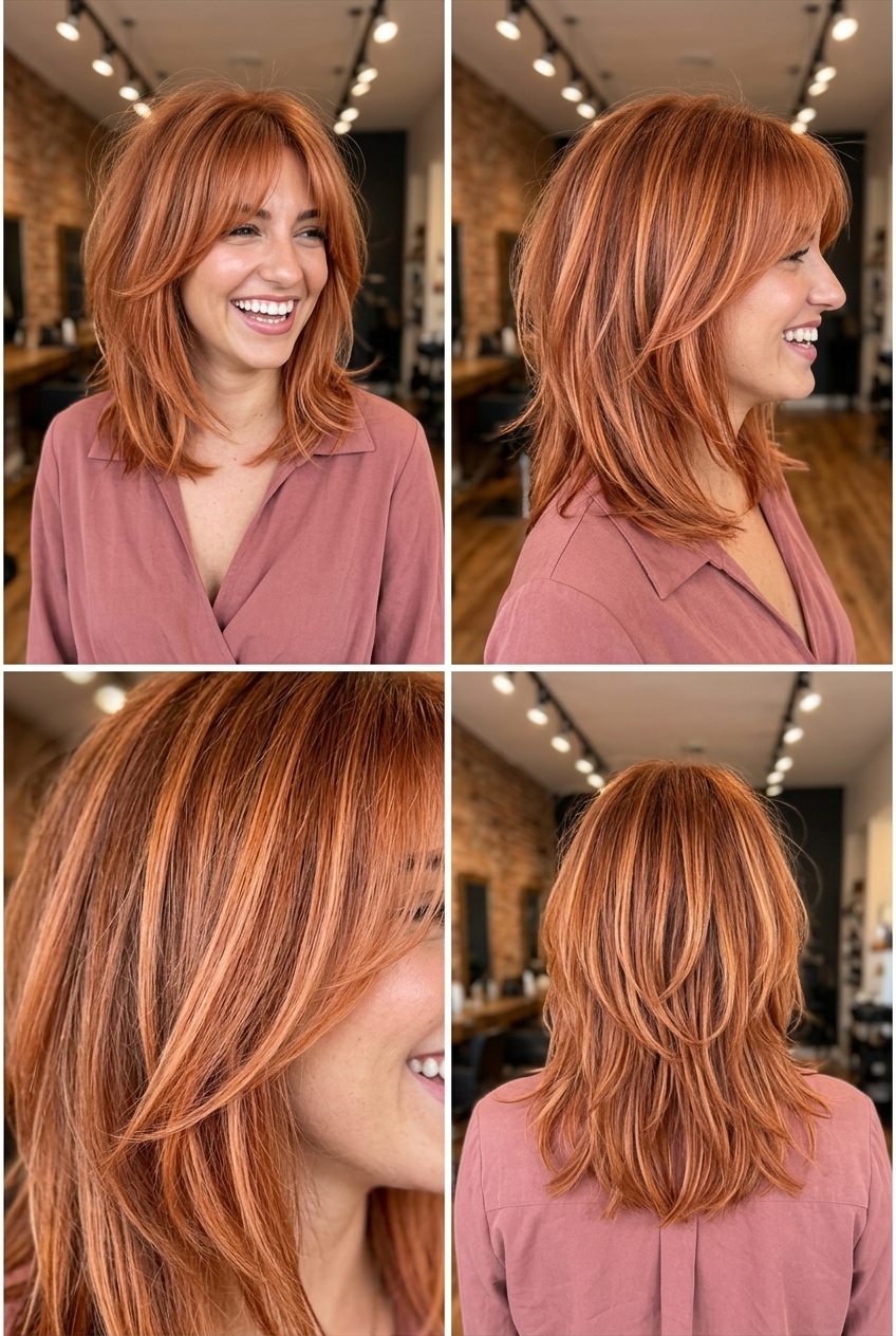 mid-length copper shag haircut with strawberry blonde highlights and curtain bangs